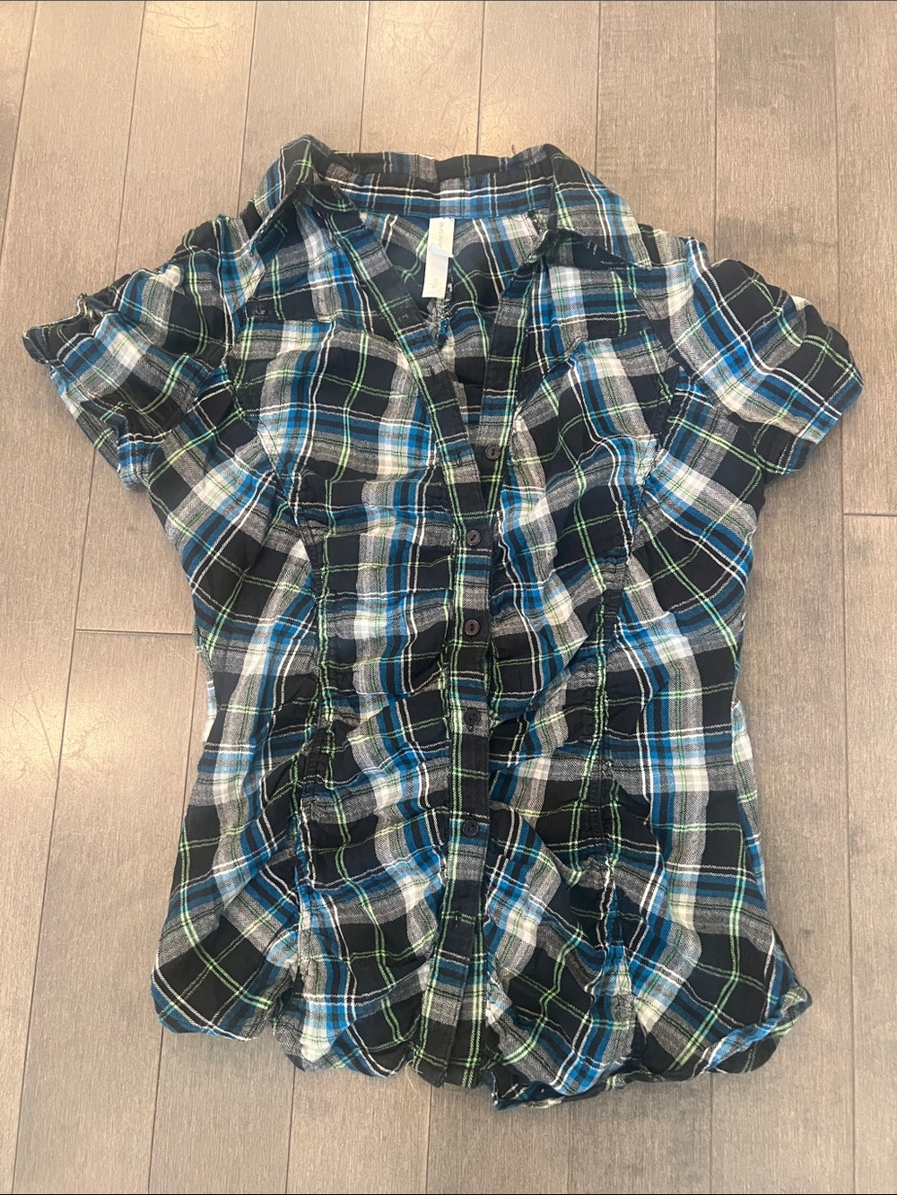 Women's Blue and Black Plaid Button-Down Shirt